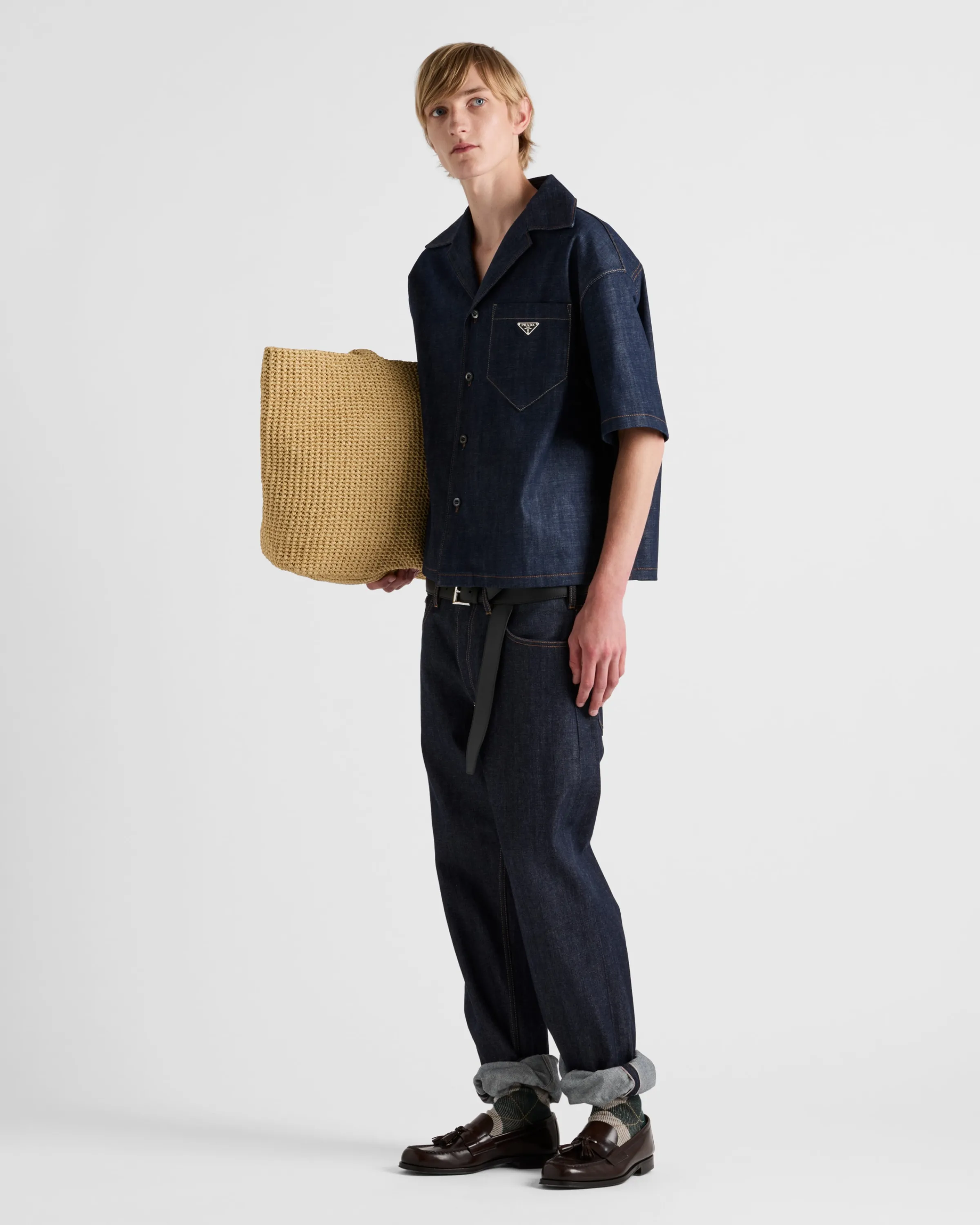 Uomo Prada Camicia a maniche corte in selvedge denim