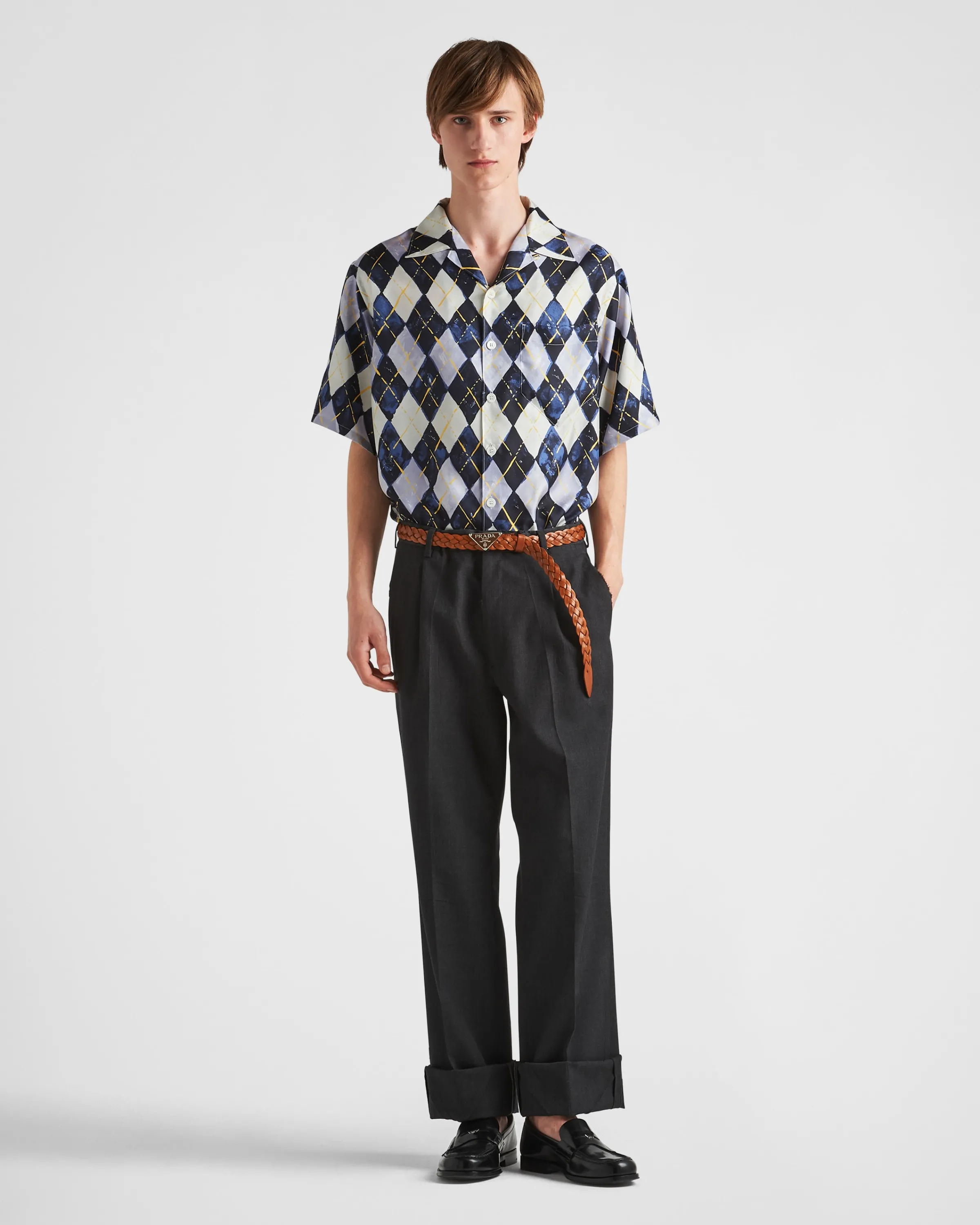 Uomo Prada Camicia maniche corte in twill seta con motivo Argyle